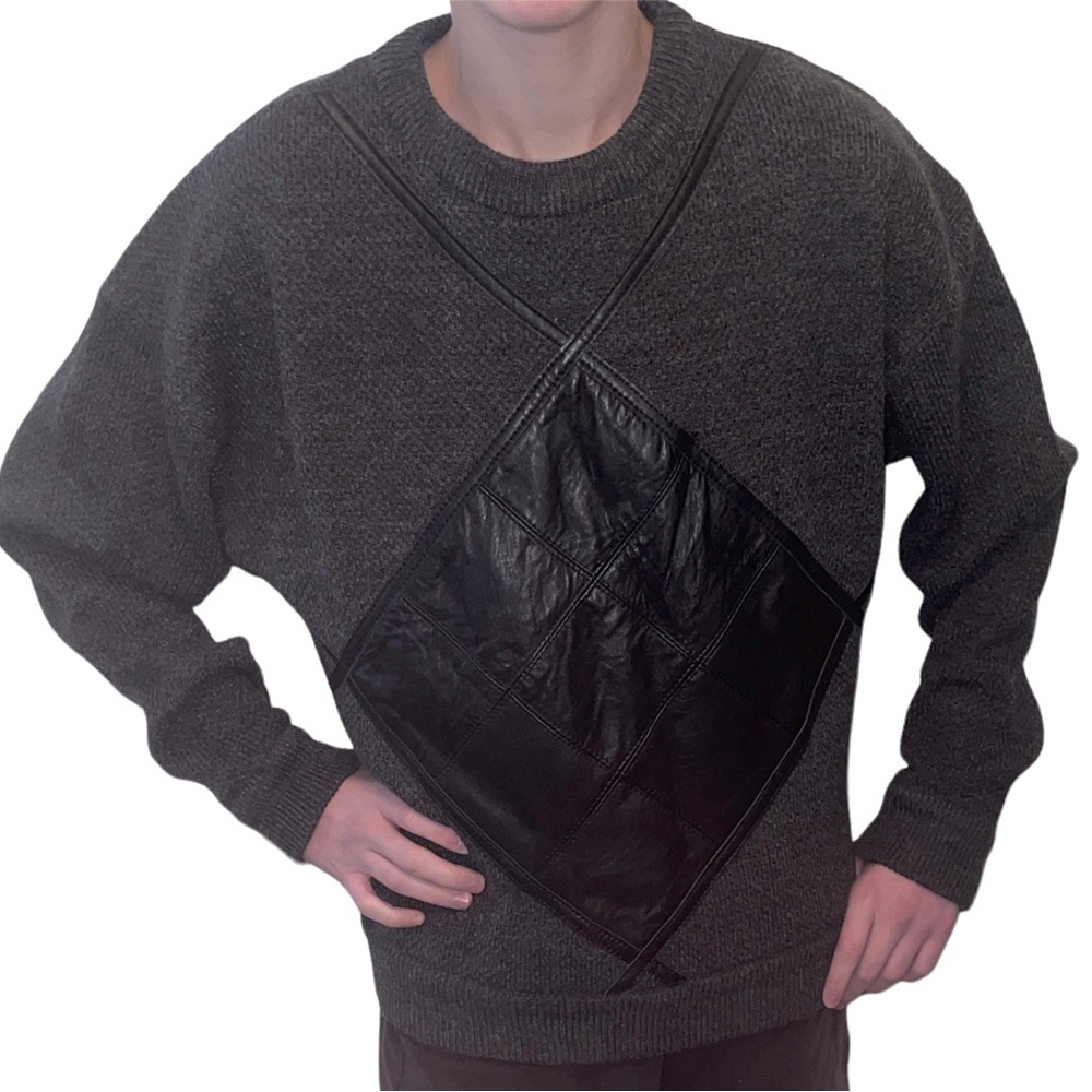 Vintage Saxony Wool blend - Leather patchwork sweater